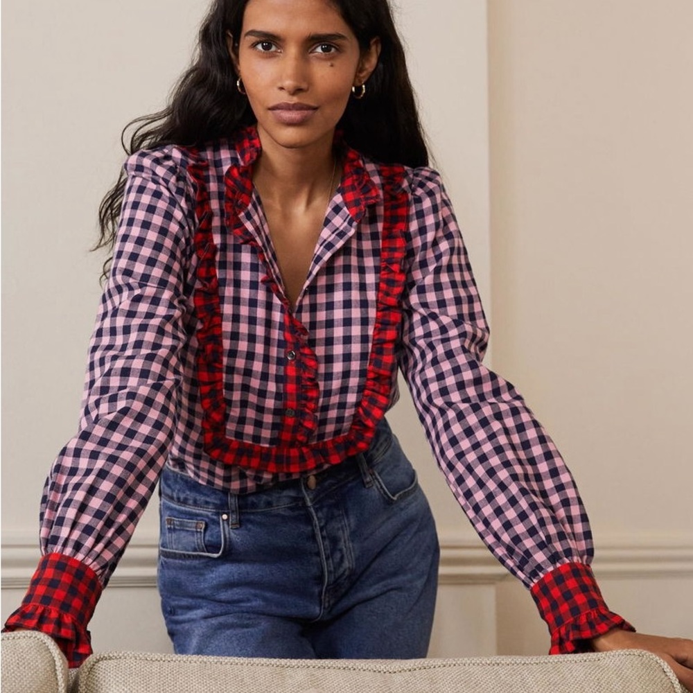 Boden Isla Frill Detail Pink and Black Plaid Cotton Flannel Button Up Shirt - Picture 3 of 10